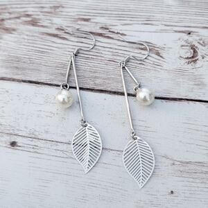 Vintage Dangle Earrings Faux Pearl & Leaf Long Dangle for Pierced Ears 925 Hooks